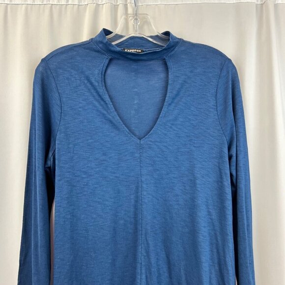 Express Womens Long Sleeve Choker Cut Out Semi Sheer Top Blue S - Picture 2 of 8